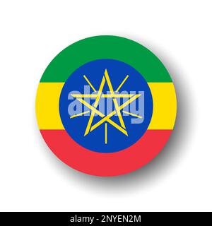 Ethiopia flag - flat vector circle icon or badge with dropped shadow. Stock Vector