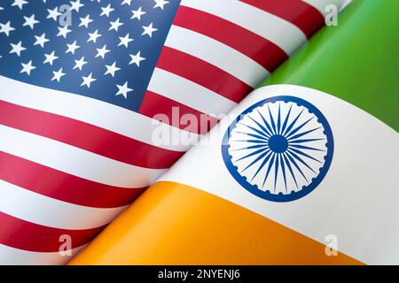 Background of the flags of the USA and india . The concept of interaction or counteraction between the two countries. International relations. politic Stock Photo