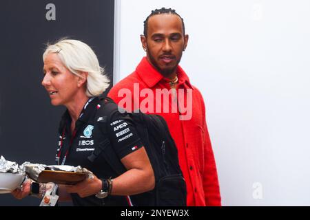 Sakhir, Bahrain. 2nd Mar, 2023. Lewis Hamilton of Mercedes and Angela Cullen are seen in athe paddock ahead Bahrain Grand Prix of 2023 Formula One World Championship at Bahrain International Circuit on March 2, 2023 in Bahrain, Bahrain. (Credit Image: © Beata Zawrzel/ZUMA Press Wire) EDITORIAL USAGE ONLY! Not for Commercial USAGE! Credit: ZUMA Press, Inc./Alamy Live News Stock Photo