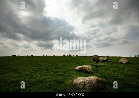 Long Meg and Her Daughters stone circle standing stones at Little Salkeld, near Penrith, Eden Valley, Cumbria. Stock Photo