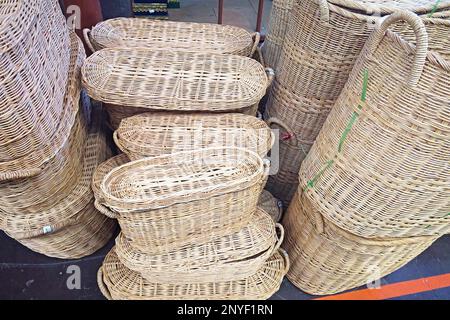 Handmade wicker boxes in a shop Stock Photo