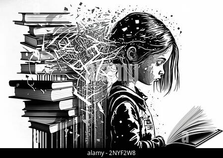 abstract drawing of a girl reading a book and a stack of books flying out of her head and dripping down behind her Stock Photo