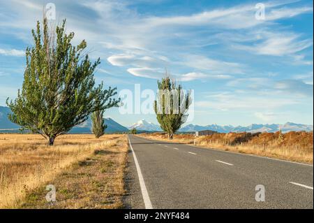 Driving in Mackenzie country  on South Island, which is one the most beautiful regions in New Zealand Stock Photo