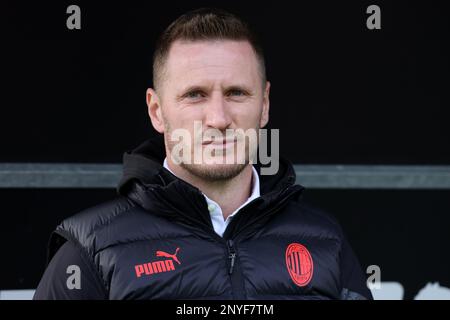 Milan, Italy, 28th February 2023. Ignazio Abate Head coach of AC Milan U19s looks on prior to kick off in the UEFA Youth League match at Centro Sportivo Vismara, Milan. Picture credit should read: Jonathan Moscrop / Sportimage Stock Photo