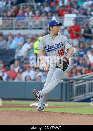 ATLANTA, GA - AUGUST 01: Los Angeles Dodgers pitcher Kenta Maeda (18) looks  on during the MLB game between the Atlanta Braves and the Los Angeles  Dodgers on August 1, 2017 at