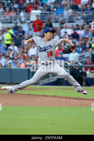 ATLANTA, GA - AUGUST 01: Los Angeles Dodgers pitcher Kenta Maeda (18) looks  on during the MLB game between the Atlanta Braves and the Los Angeles  Dodgers on August 1, 2017 at