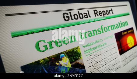 Green transformation ecology environment and sustainable economy daily newspaper reading on mobile tablet computer screen. Man touch screen with headl Stock Photo