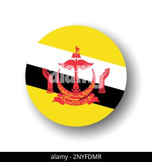 Brunei flag - flat vector circle icon or badge with dropped shadow. Stock Vector