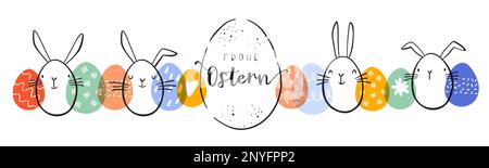 Lovely hand drawn easter designs with text in german "Happy Easter" cute hand drawn bunnies, eggs and decoration - vector design Stock Vector