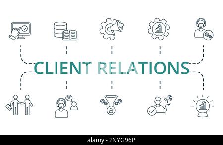 Client Relations set icon. Editable icons client relations theme such as marketing automation, customer issues, knowledge base and more. Stock Vector