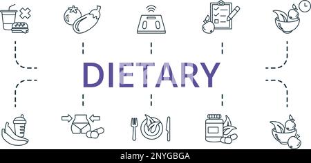 Dietary set icon. Editable icons dietary theme such as smart scales, vegetables, weight loss pills and more. Stock Vector