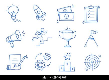 Doodle business icon set. Success, target, goal hand drawn sketch blue pen stroke style icon. Marketing, career, ofiice concept doodle drawn collection. Vector illustration Stock Vector