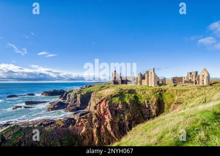 12 September 2022: Aberdeenshire, Scotland - The ruins of New Slains Castle,  built in the 16th century by the 9th Earl of Erroll, showing its gloriou Stock Photo