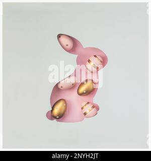 Easter bunny shape cut out with decorated Easter eggs on pink background; Top view, flat lay; Creative minimal spring or Easter background Stock Photo