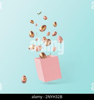 Golden and pink Easter eggs in motion, flying out of the box, against blue background. Minimal creative Easter layout, greeting card or banner Stock Photo