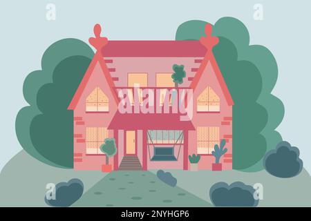 A two-story red brick residential building with a swing and a gazebo. Country house with trees and a lawn in the yard. Flat vector illustration Stock Vector