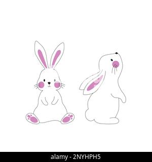 Two white rabbits, one in a front view and the other in profile view on a white background with copy space Stock Vector