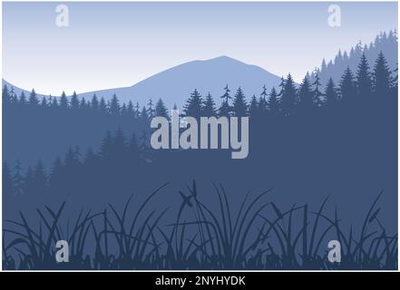 Vector illustration of a beautiful panoramic view. Mountains in fog with forest. Vector nature landscape with silhouettes of mountains and forest Stock Vector