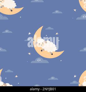 Seamless pattern with cute sleeping sheep on moon on blue background with clouds. Vector illustration. Template with farm animal for kids collection, Stock Vector