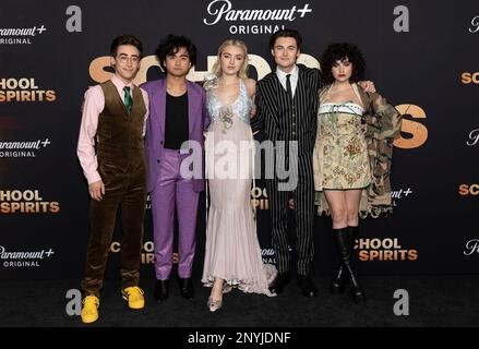 Nick Pugliese, Kristian Flores, Peyton List, Spencer MacPherson, and Sarah Yarkin attend the arrivals of Paramount + School Spirits Premiere at the Masonic Lodge in Los Angeles, CA on March 1, 2023. (Photo by Corine Solberg/Sipa USA) Stock Photo