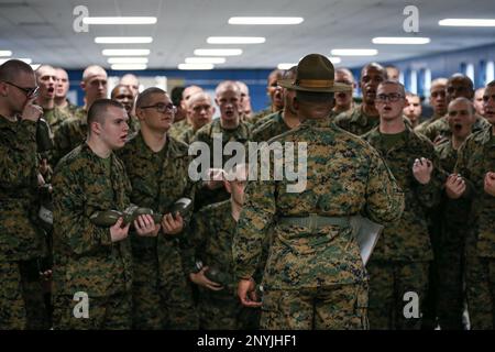 Recruits with Mike Company, 3rd Recruit Training Battalion, are introduced to their drill instructors aboard Marine Corps Recruit Depot Parris Island, S.C., Feb. 10, 2023. Black Friday is when recruits initially meet the drill instructors who will be responsible for teaching, training, and leading them for the thirteen weeks of recruit training. Stock Photo