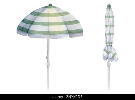 Hand drawn watercolor elements. Pair of striped beach deck chairs, sun ...