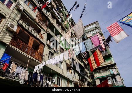 Clothes hanging on the rope to dry in residential district, Batumi, Georgia. Stock Photo