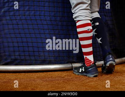 New York Yankees designated hitter Aaron Judge wears custom cleats in the  dugout before a baseball game against the Seattle Mariners, Wednesday, May  31, 2023, in Seattle. (AP Photo/Lindsey Wasson Stock Photo 