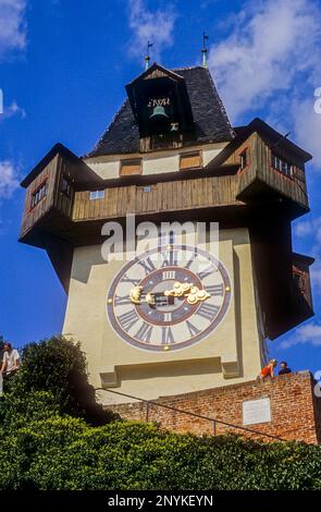 Clock tower on Schlossberg, castle hill, Graz, Austria Stock Photo