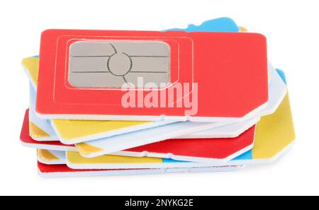 Stack of different SIM cards on white background Stock Photo