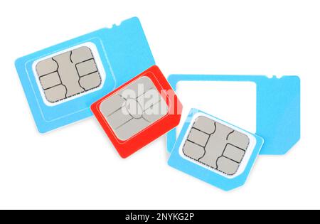 Different SIM cards on white background, top view Stock Photo