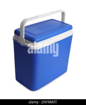 Closed blue plastic cool box isolated on white Stock Photo