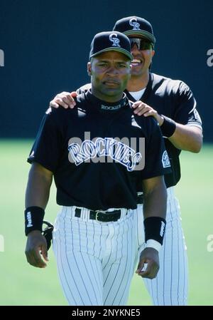 Colorado Rockies infielder Vinny Castilla in his third stint with the  Rockies is officially recognized in the fifth inning against the Los  Angeles Dodgers at Coors Field in Denver September 28, 2006.