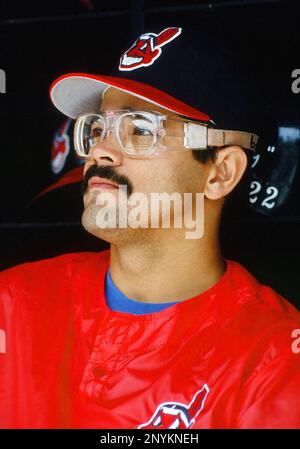14 May, 1994: Cleveland Indians infielder Carlos Baerga (8) puts tape on  his bat before a game against the Detroit Tigers played at Jacobs Field in  Cleveland, OH. (Photo By John Cordes/Icon