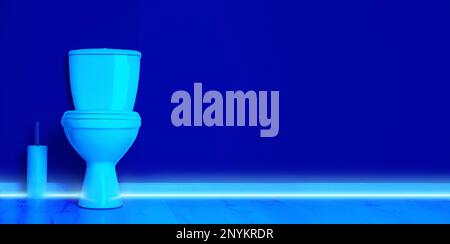 Toilet bowl in public restroom lit with UV blue light Stock Photo