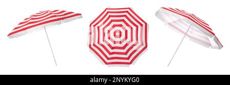 Set with striped beach umbrellas on white background. Banner design Stock Photo