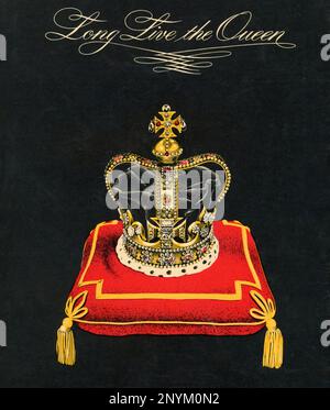 'Long Live the Queen', 1953. An illustration of Saint Edward's Crown, from the time of the coronation of Queen Elizabeth II (1926-2022). St Edward's Crown is the centrepiece of the Crown Jewels of the United Kingdom. Named after Saint Edward the Confessor (c1003-1066), versions of it have traditionally been used to crown English and British monarchs at their coronations since the 13th century. The original crown was a holy relic kept at Westminster Abbey, Edward's burial place, until the regalia were either sold or melted down when Parliament abolished the monarchy in 1649. Stock Photo