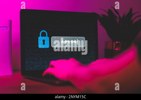 Man typing password on personal computer. Close up shot of cyber security concept. High quality photo Stock Photo
