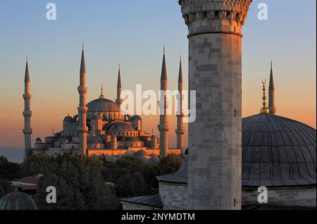 Mosque Sultan Ahmet (Blue Mosque). At right Dome and minaret of Firuz Aga Mosque. Istanbul. Turkey Stock Photo