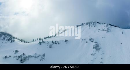 mystical light atmosphere at the hahnenkamm in tyrol with ski tracks, deep in wintry snow Stock Photo