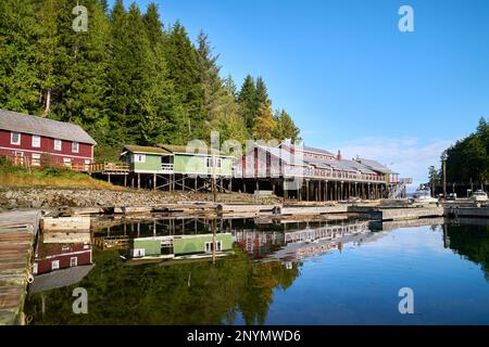 Telegraph Cove Historic Building Reflections. The Telegraph Cove marina and accommodations built on pilings surrounding this historic location. Stock Photo