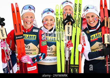 Planica, Slovenia. 28th Feb, 2023. The winning Norwegian team in the women’s 4 by 5-K relay at the 2023 FIS World Nordic Ski Championships in Planica, Slovenia. From left, Anne Kjersti Kalvaa, Ingvild Flugstad Oestberg, Astrid Oeyre Sind, Tiril Udnes Weng. Planica, Slovenia. Credit: John Lazenby/Alamy Live News Stock Photo