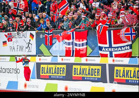 Planica, Slovenia. 28th Feb, 2023. Norwegian ski fans cheer Norwegian Anne Kjersti Kalvaa as she finishes the final lap of the women’s 4 by 5-K relay at the 2023 FIS World Nordic Ski Championships in Planica, Slovenia. Norway won. Planica, Slovenia. Credit: John Lazenby/Alamy Live News Stock Photo