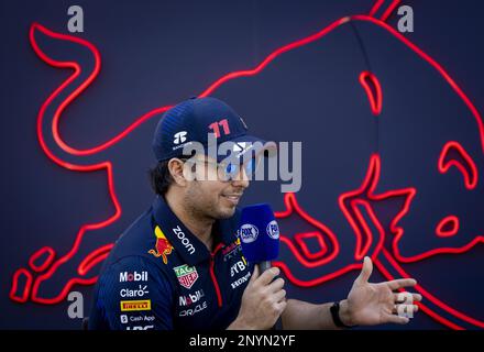 BAHRAIN - Sergio Perez (Red Bull Racing) addresses the press at the Bahrain International Circuit in the Sakhir desert region ahead of the Bahrain Grand Prix. ANP SEM VAN DER WAL Stock Photo