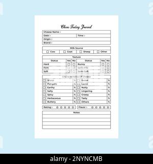 Cheese tasting journal KDP interior. Dairy products and cheese quality testing notebook template. KDP interior logbook. Cheese texture and characteris Stock Vector