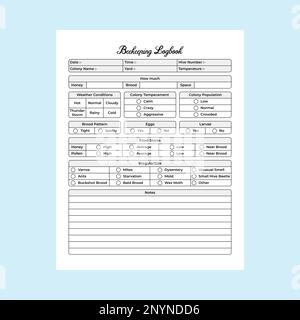 KDP interior beekeeping notebook. Beehive caring and nectar production information journal template. KDP interior notebook. Beekeeping and pollination Stock Vector