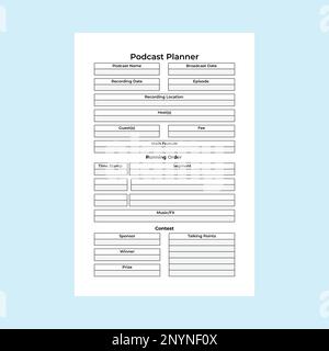 Podcast regular information tracker KDP interior. Podcast planner and running order info tracker template. KDP interior of a journal. Radio station re Stock Vector