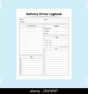 Delivery driver KDP interior notebook. Delivery information and driver activity tracker interior. KDP interior logbook. Online shopping details and cu Stock Vector