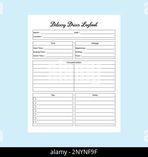 Delivery driver info tracker KDP interior. Driver daily activities and mileage information tracker template. KDP interior notebook. Customer record ch Stock Vector