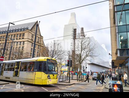 Manchester Town Hall shrouded in white boardeing during the £325 million renovation work Stock Photo